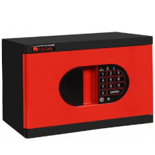 На фото сейф встраиваемый в мебель. Чорного цвета с красной дверцей.